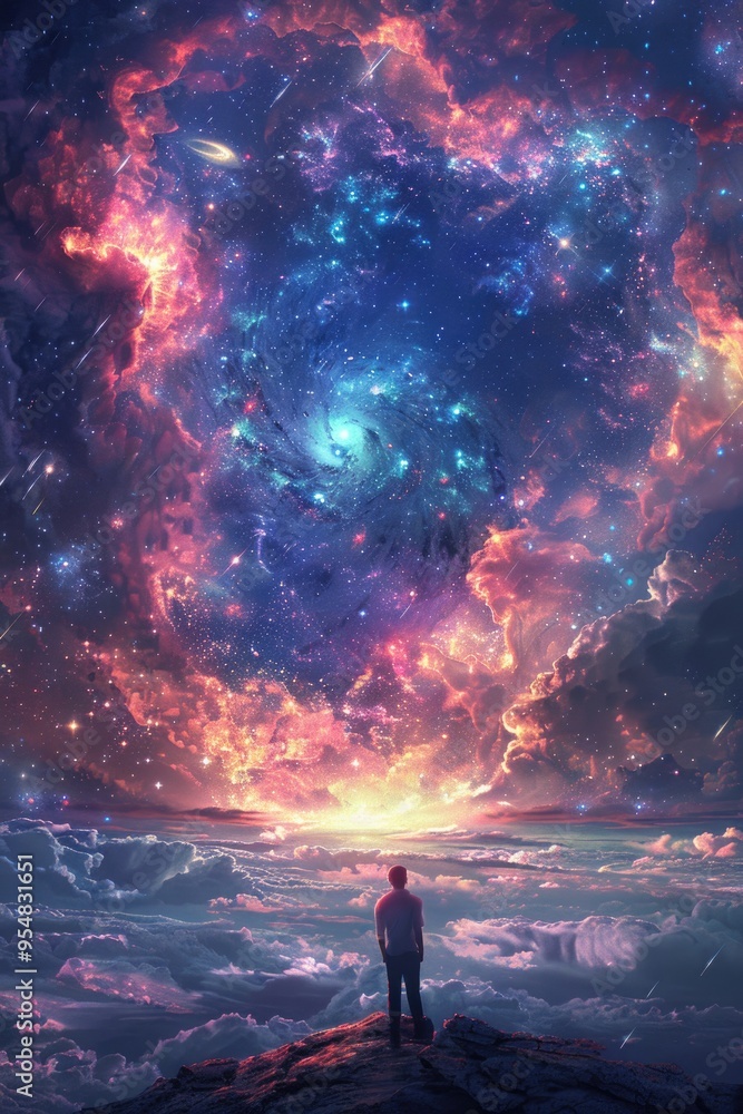 Man standing and looking out at a beautiful landscape of a nebula and stars Man standing and looking out at a beautiful landscape of a nebula and stars