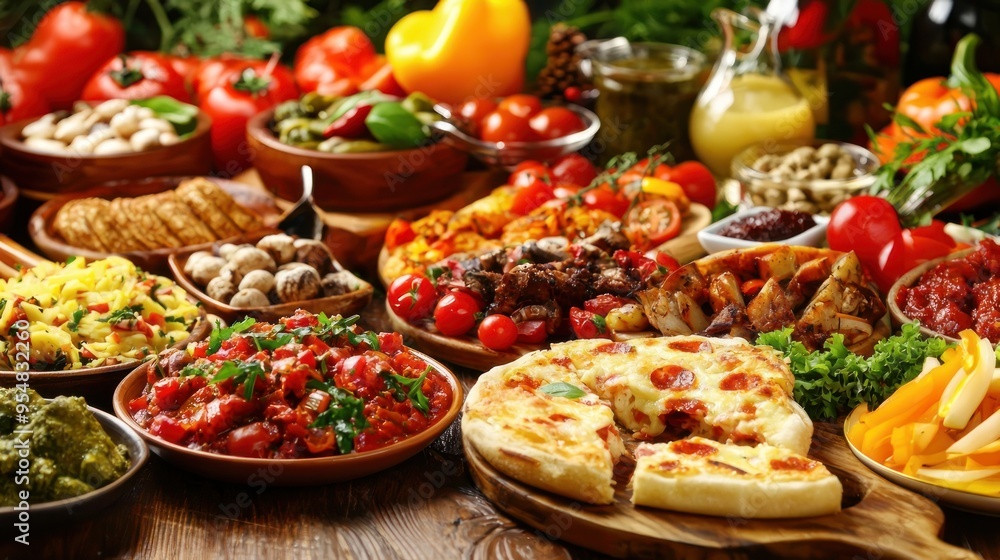 Natural food (various cuisines) Different food cooked on a wooden table Food backgrounds: table filled with large variety of food Natural food (various cuisines) Different food cooked on a wooden table Food backgrounds: table filled with large variety of food