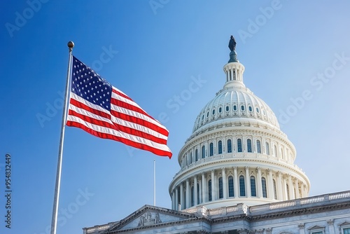A patriotic image of the American flag waving proudly in the foreground with the U.S