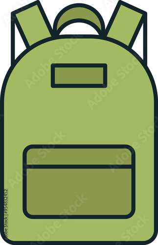 Green backpack standing upright ready for camping trip