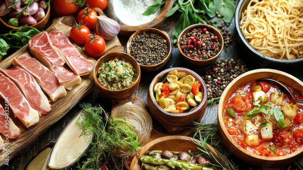 Natural food (various cuisines) Different food cooked on a wooden table Food backgrounds: table filled with large variety of food Natural food (various cuisines) Different food cooked on a wooden table Food backgrounds: table filled with large variety of food
