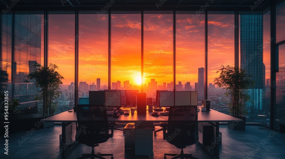 Fototapeta premium Breathtaking Sunset View from Modern Office Workspace