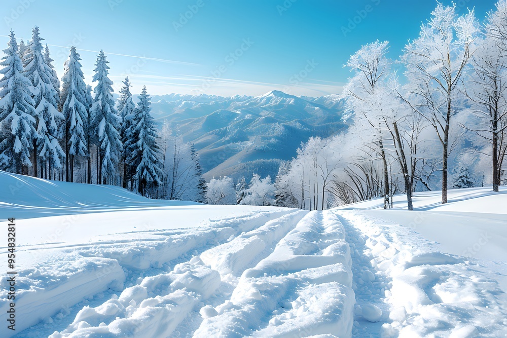 Obraz premium Pristine Snow-Covered Mountain Landscape with Frosty Trees and Rolling Hills