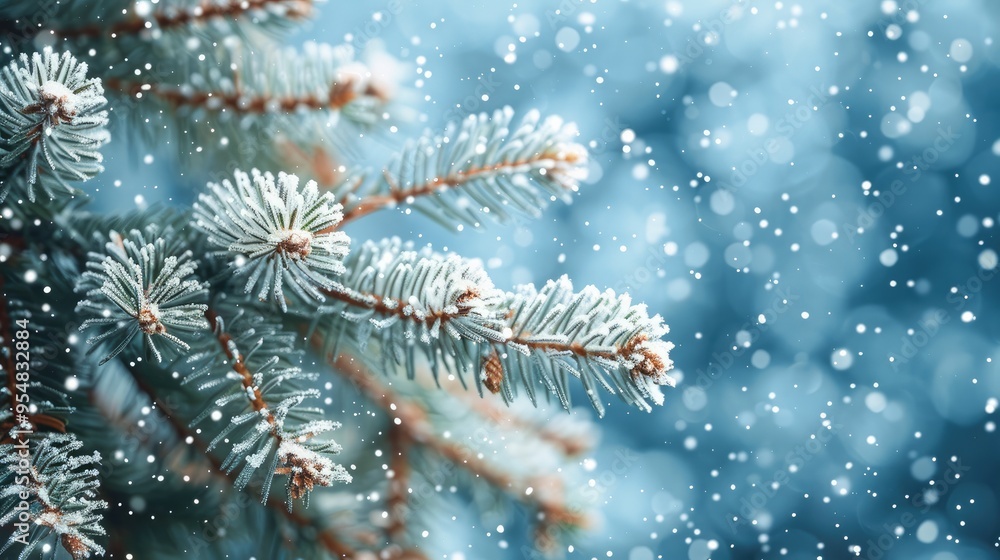 Snow falling on Christmas tree branches with a garland. Generative AI. Snow falling on Christmas tree branches with a garland. Generative AI.