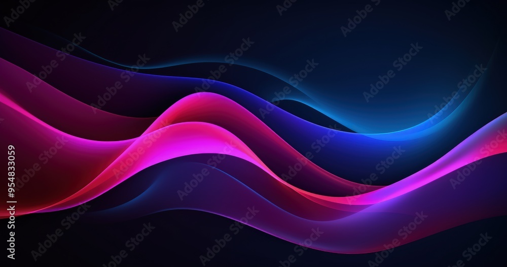 A vibrant abstract design featuring flowing waves in shades of pink, purple, and blue against a dark background.