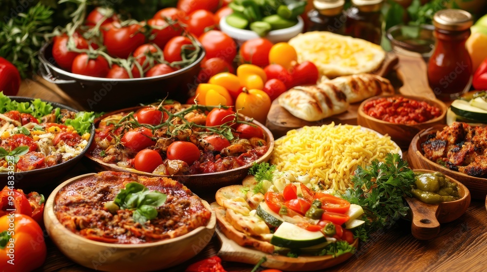 Natural food (various cuisines) Different food cooked on a wooden table Food backgrounds: table filled with large variety of food Natural food (various cuisines) Different food cooked on a wooden table Food backgrounds: table filled with large variety of food
