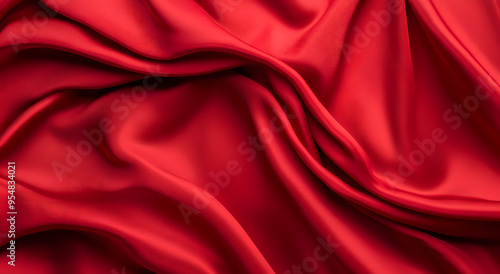 “Red Silk Fabric Draped Elegantly Over the Edge on a Red Background, Perfect for Luxurious Textiles, Fashion Design Concepts, and High-End Product Mockups” 