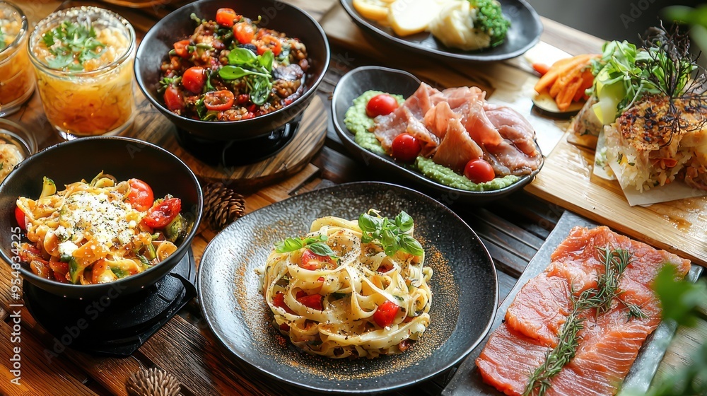 Natural food (various cuisines) Different food cooked on a wooden table Food backgrounds: table filled with large variety of food Natural food (various cuisines) Different food cooked on a wooden table Food backgrounds: table filled with large variety of food
