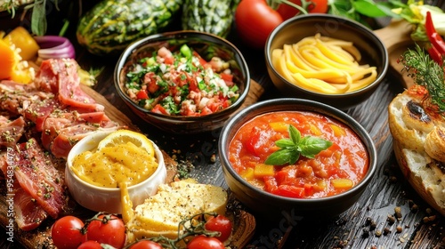 Natural food (various cuisines) Different food cooked on a wooden table Food backgrounds: table filled with large variety of food 