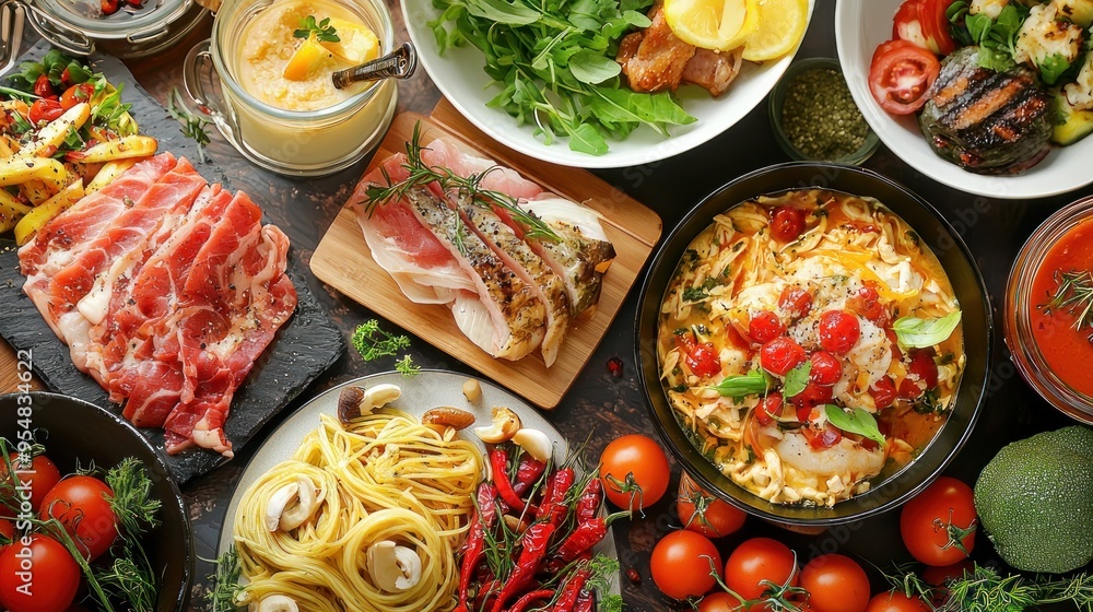 Natural food (various cuisines) Different food cooked on a wooden table Food backgrounds: table filled with large variety of food Natural food (various cuisines) Different food cooked on a wooden table Food backgrounds: table filled with large variety of food