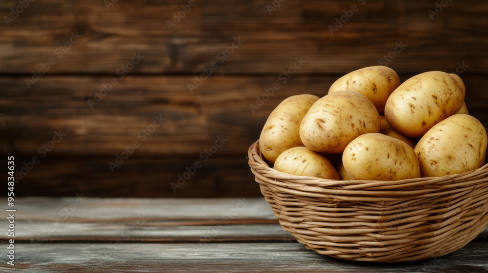 Basket of russet potatoes with earthy tones on a rustic wooden market stall background rich textures Basket of russet potatoes with earthy tones on a rustic wooden market stall background rich textures