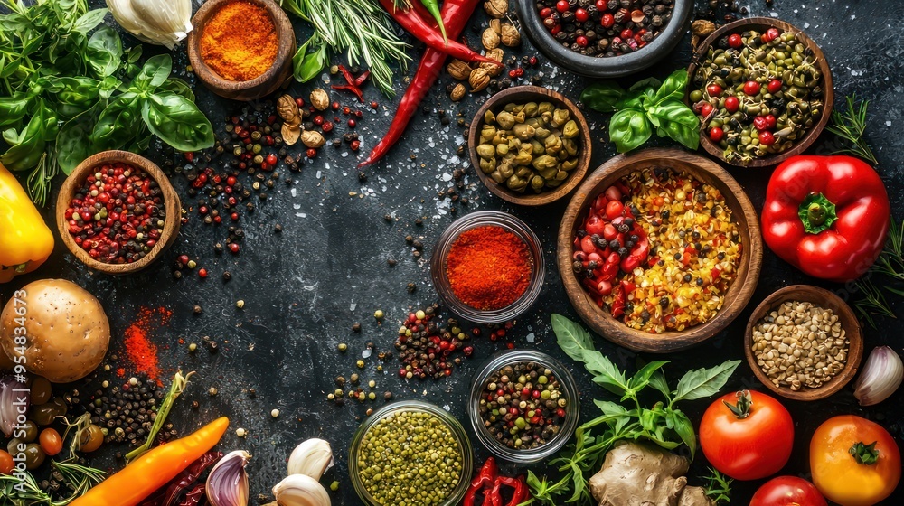 Natural food (various cuisines) Different food cooked on a wooden table Food backgrounds: table filled with large variety of food Natural food (various cuisines) Different food cooked on a wooden table Food backgrounds: table filled with large variety of food