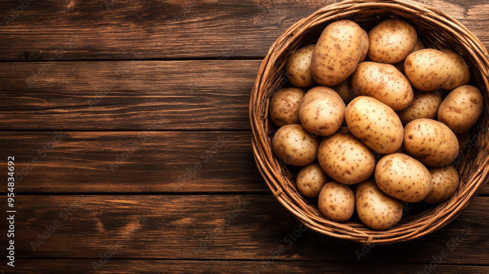 Basket of russet potatoes with earthy tones on a rustic wooden market stall background rich textures Basket of russet potatoes with earthy tones on a rustic wooden market stall background rich textures