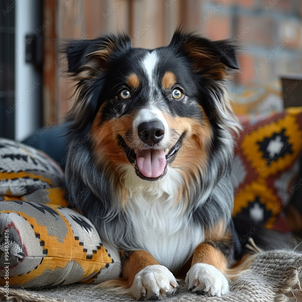 Fototapeta premium Adorable Australian Shepherd dog with pillows sitting on floor at home