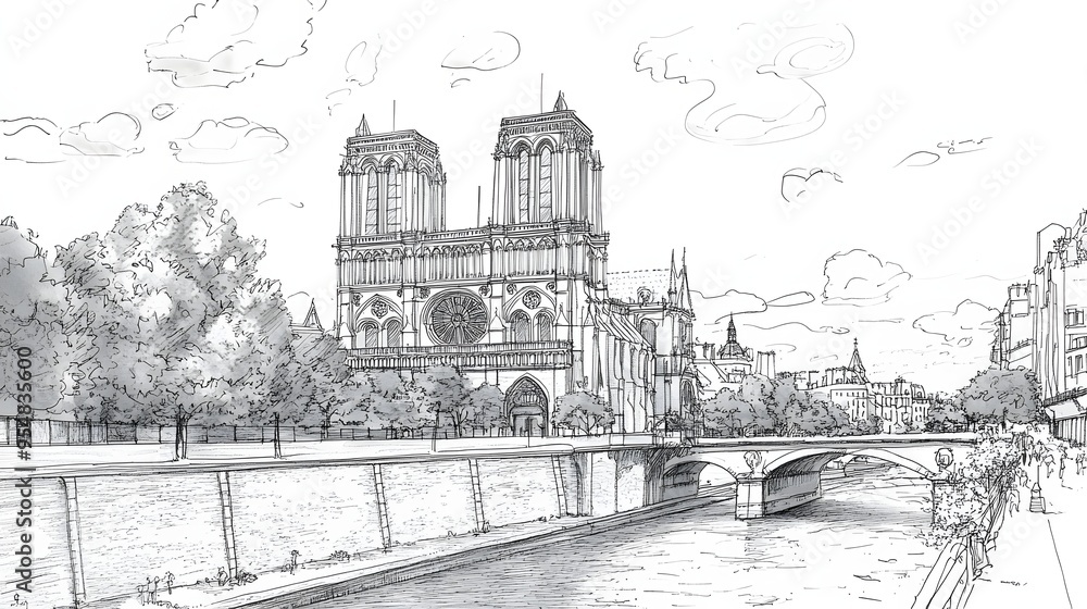55. **Illustrate the Notre-Dame Cathedral with its detailed Gothic facade and the River Seine flowing nearby.**