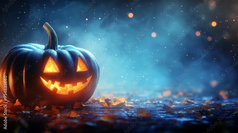 Fototapeta premium A glowing jack-o'-lantern surrounded by autumn leaves, set against a misty, atmospheric background, perfect for Halloween.