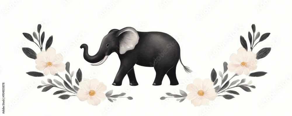 A drawing of an elephant surrounded by flowers in black and white A drawing of an elephant surrounded by flowers in black and white