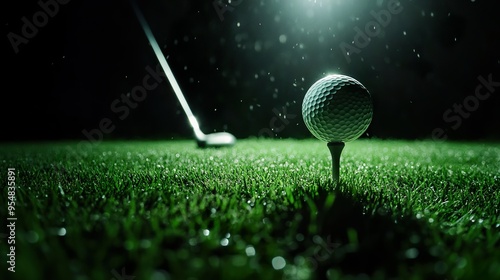 Close-up of a golf ball on a tee, virtual golf machine. Golf simulator
