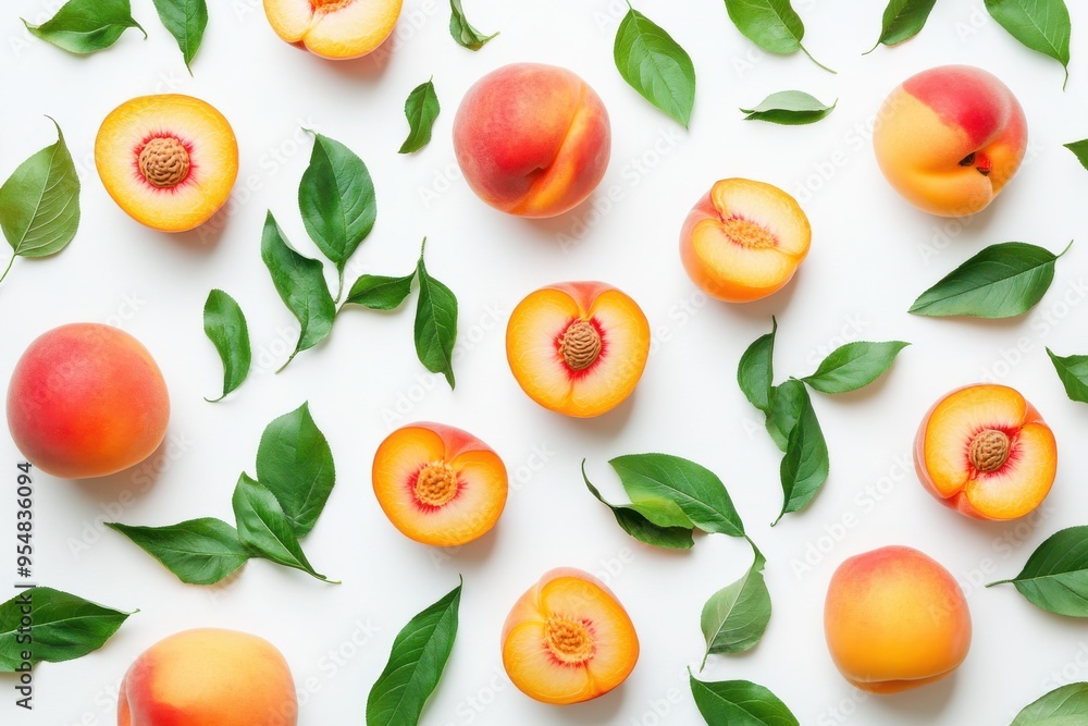 A playful arrangement of fresh peaches, both whole and sliced, with green leaves scattered A playful arrangement of fresh peaches, both whole and sliced, with green leaves scattered