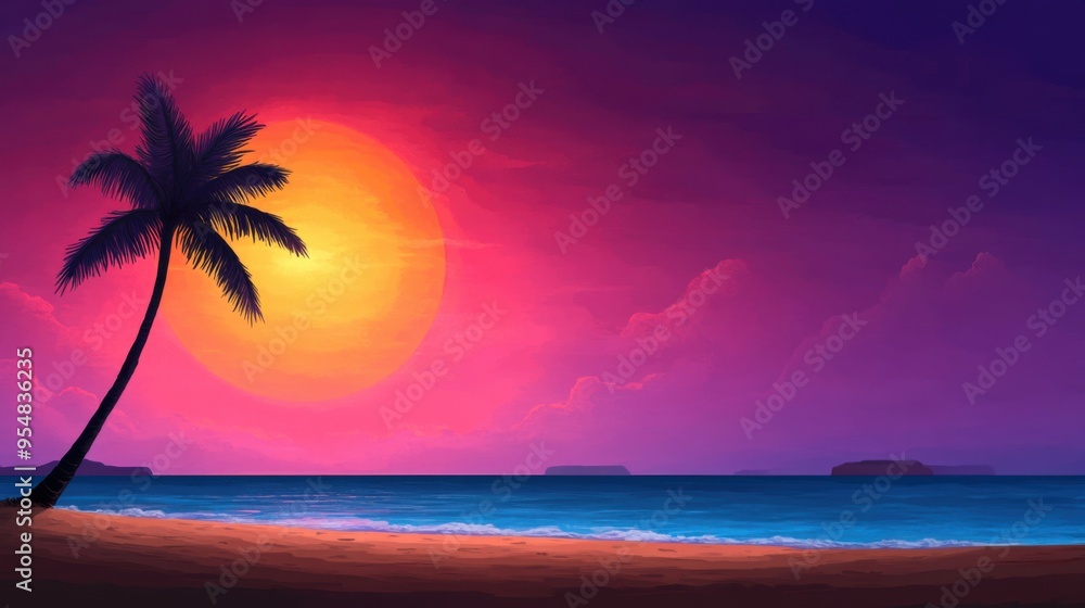Tranquil Pixel Art Beach Sunset with Palm Trees, Gentle Waves, and Distant Islands Tranquil Pixel Art Beach Sunset with Palm Trees, Gentle Waves, and Distant Islands