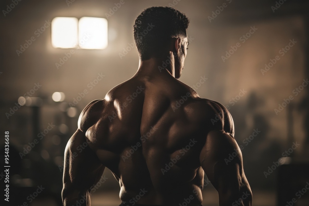 A powerful and dramatic image of a male bodybuilder from behind, showcasing A powerful and dramatic image of a male bodybuilder from behind, showcasing
