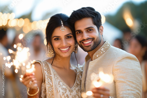 Indian couple holding sparkles, celebrating diwali festival photo