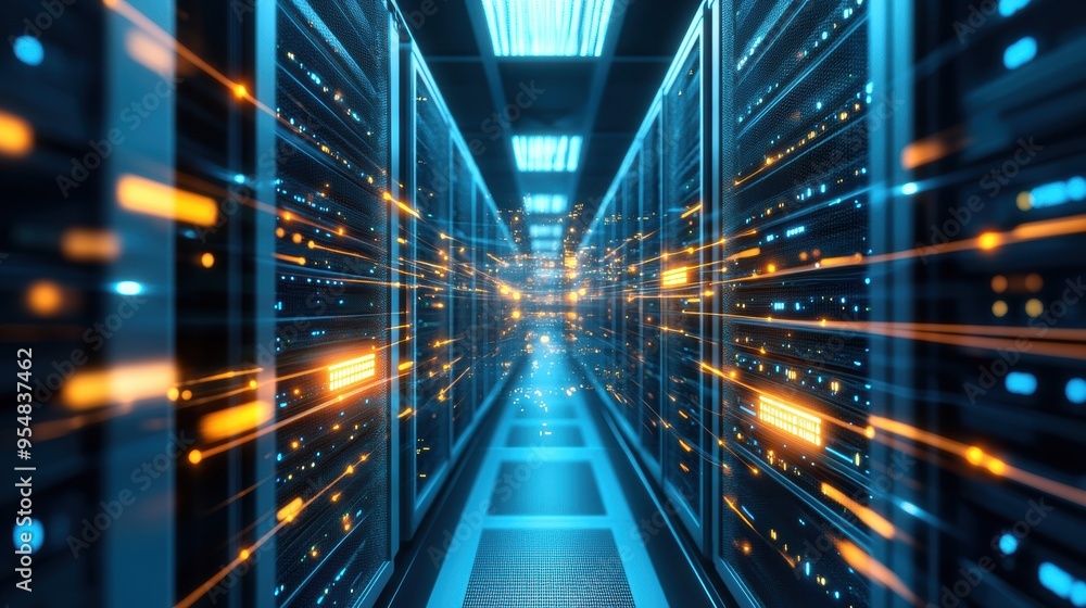 3D loop of rotating servers in a data center, with lights blinking and data flowing through connected cables, illustrating cloud computing and data storage 3D loop of rotating servers in a data center, with lights blinking and data flowing through connected cables, illustrating cloud computing and data storage