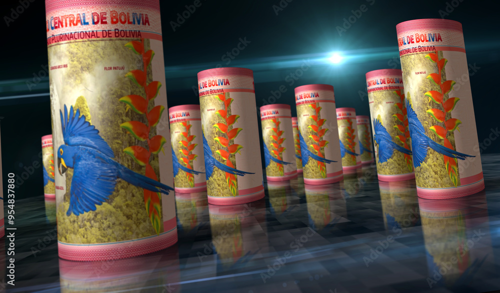 Fototapeta premium Bolivia Boliviano money banknotes rolled 3d illustration