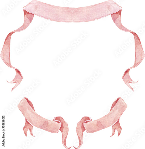 Watercolor Ribbon Banner Wedding Crest. Pink Pastel Bow 