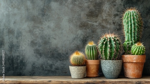 Row of potted cacti against a rustic background. photo