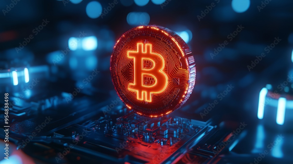 A glowing Bitcoin symbol representing cryptocurrency on a digital circuit board with vibrant blue lights. A glowing Bitcoin symbol representing cryptocurrency on a digital circuit board with vibrant blue lights.
