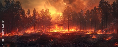 A dramatic wildfire raging through a forest, 4K hyperrealistic photo