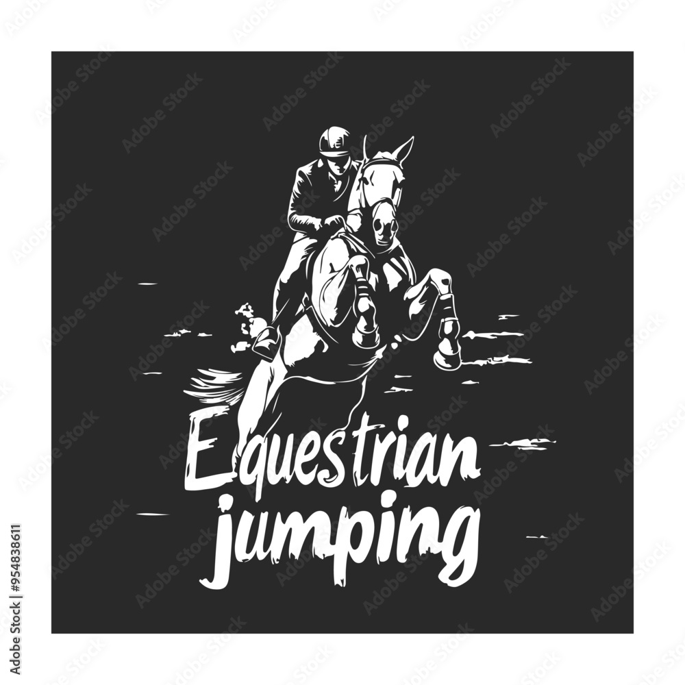 Naklejka premium Equestrian jumping illustration in black and white featuring a rider on a horse, depicting the sport and action of show jumping