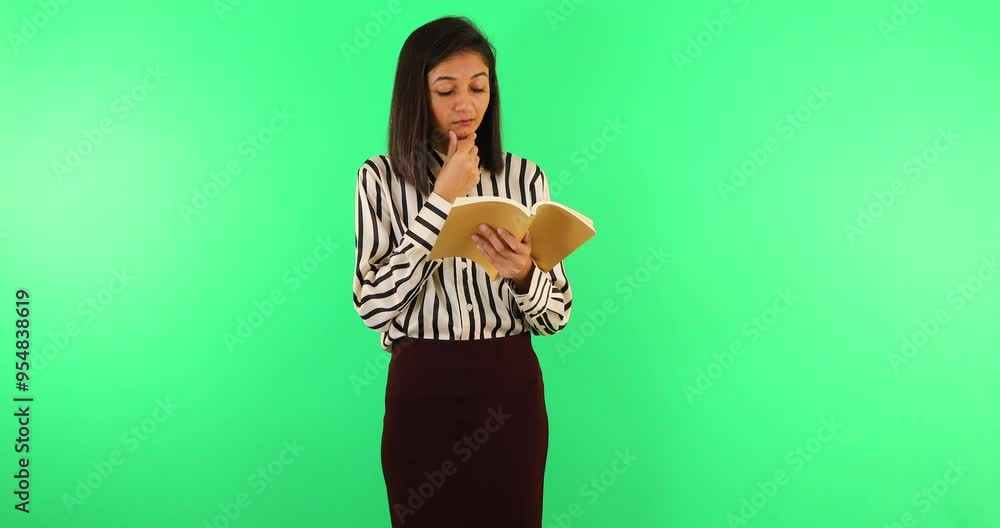 Beautiful young woman hand on chin looks thoughtful hold a book. Isolated on green background. Beautiful young woman hand on chin looks thoughtful hold a book. Isolated on green background.