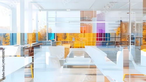 Nobody in empty modern stylish elegant contemporary business office with chairs and table, autumn fall forest trees nature seen through glass window. October, September, November workspace workplace
