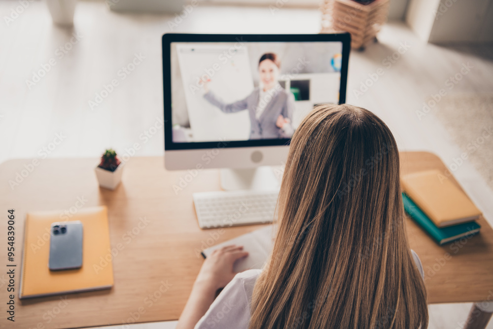 Photo of pretty lady wear violet polo writing copybook distance studying modern device indoors room home house Photo of pretty lady wear violet polo writing copybook distance studying modern device indoors room home house
