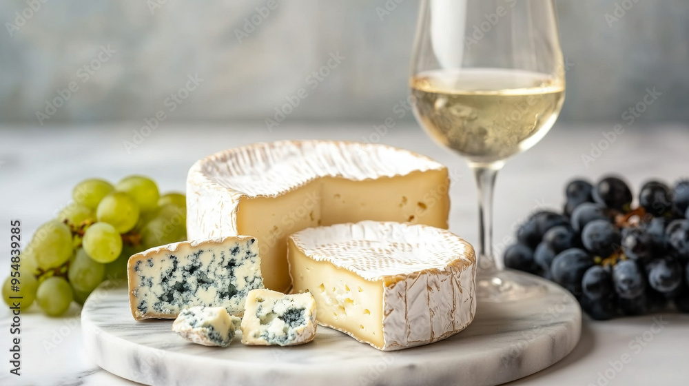 Side view close-up of a cheese platter featuring Camembert, blue cheese, and hard cheese, paired with a glass of cold white wine and grapes on a marble board with a light background Side view close-up of a cheese platter featuring Camembert, blue cheese, and hard cheese, paired with a glass of cold white wine and grapes on a marble board with a light background