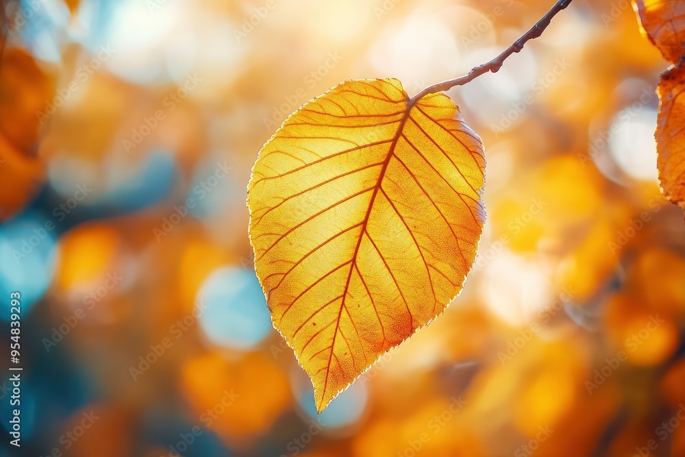 Close-up of a yellow autumn leaf. A bright orange tree changes with a blurred bokeh background. with generative ai Close-up of a yellow autumn leaf. A bright orange tree changes with a blurred bokeh background. with generative ai