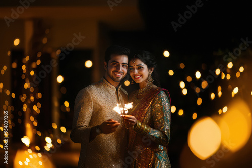 Indian couple holding sparkles, celebrating diwali festival photo