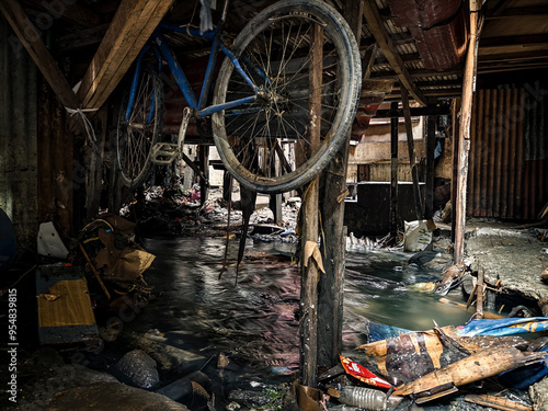 Metro Manila, Philippines - Aug 28, 2024: A murky, debris and garbage filled creek flows beneath a makeshift house in a Manila slum.