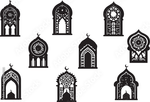 Traditional islamic window shapes in oriental style. Set of black silhouette eid mubarak decorative arches, mosque borders or moroccan gates. Arabic muslim architecture design elements, ramadan frames