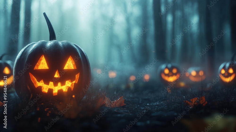 Naklejka premium A 3D rendered animation of glowing jack-o'-lanterns in a misty, dark forest, looping to create a spooky atmosphere for Halloween-themed content