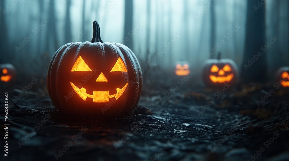 A 3D rendered animation of glowing jack-o'-lanterns in a misty, dark forest, looping to create a spooky atmosphere for Halloween-themed content A 3D rendered animation of glowing jack-o'-lanterns in a misty, dark forest, looping to create a spooky atmosphere for Halloween-themed content
