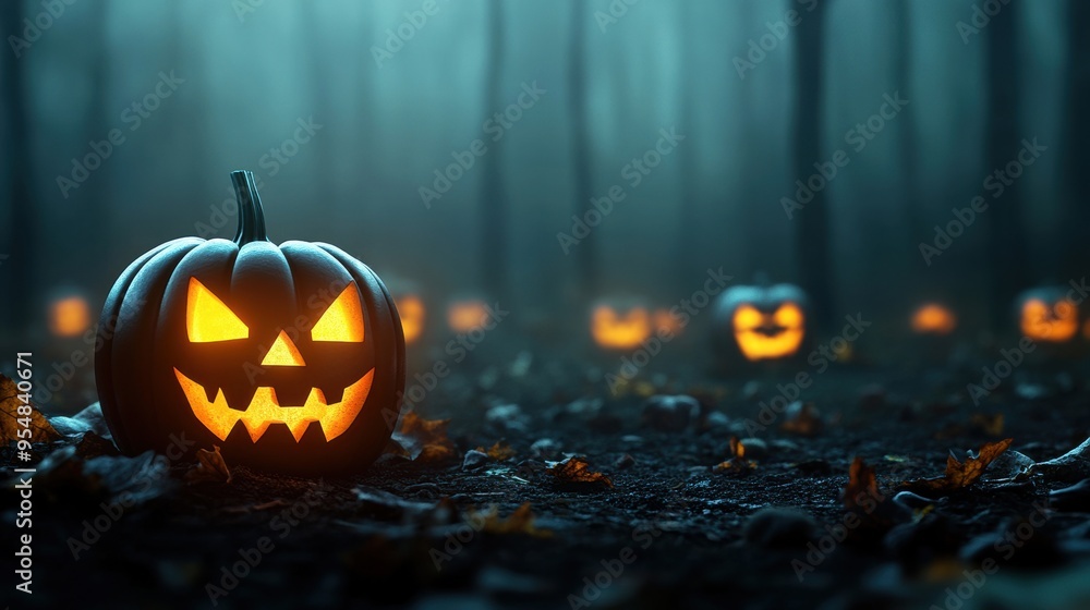 A 3D rendered animation of glowing jack-o'-lanterns in a misty, dark forest, looping to create a spooky atmosphere for Halloween-themed content A 3D rendered animation of glowing jack-o'-lanterns in a misty, dark forest, looping to create a spooky atmosphere for Halloween-themed content