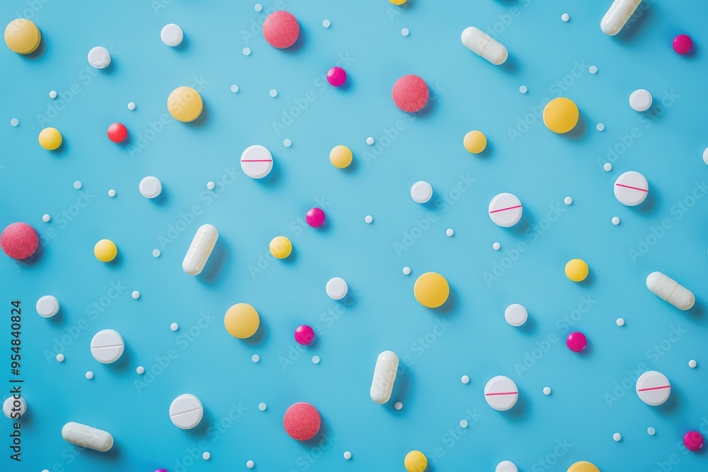 Color Pills. Different Pills on Blue Background. Medicals and Health Concept Color Pills. Different Pills on Blue Background. Medicals and Health Concept