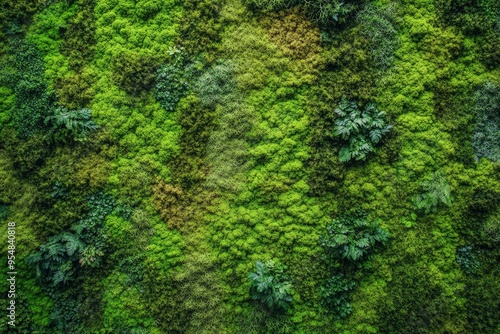 Close-up surface of the wall covered with green moss. Modern eco friendly decor made of colored stabilized moss. with generative ai
