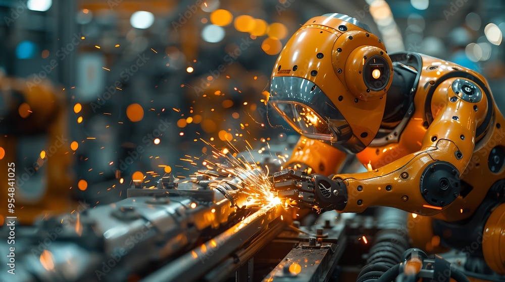 A close-up of a robotic arm welding a metal component under the careful supervision of an engineer in a factory. The scene captures the intensity of the welding process, A close-up of a robotic arm welding a metal component under the careful supervision of an engineer in a factory. The scene captures the intensity of the welding process,