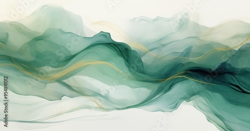 A serene abstract composition featuring flowing waves of green and gold, evoking a sense of tranquility and movement.