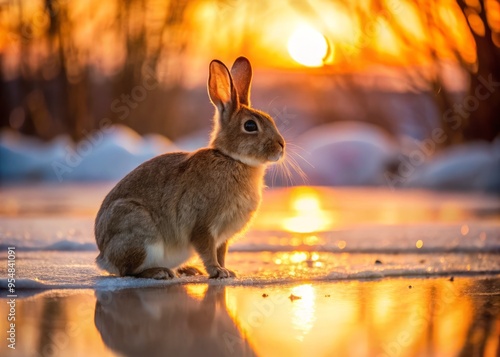 A rabbit's fur is ruffled by the wind as it stands at the edge of a frozen pond, watching the sun dip below the horizon, with the sun's rays casting a warm glow on the rabbit's fur.