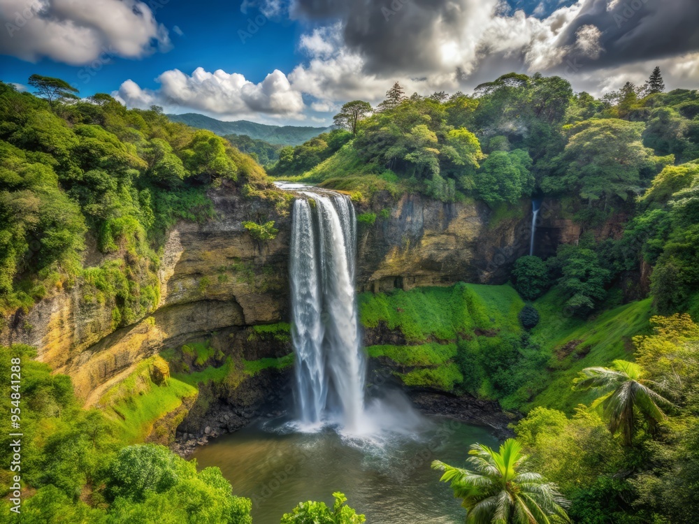 Obraz premium Wailua Falls in the afternoon with a sense of layered depth, using atmospheric perspective to create a sense of distance and scale.